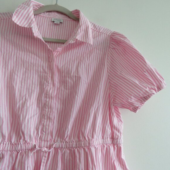 J. CREW Collared Puff Sleeve Mini Shirt Dress Striped Cotton Pink White Preppy - Picture 10 of 16